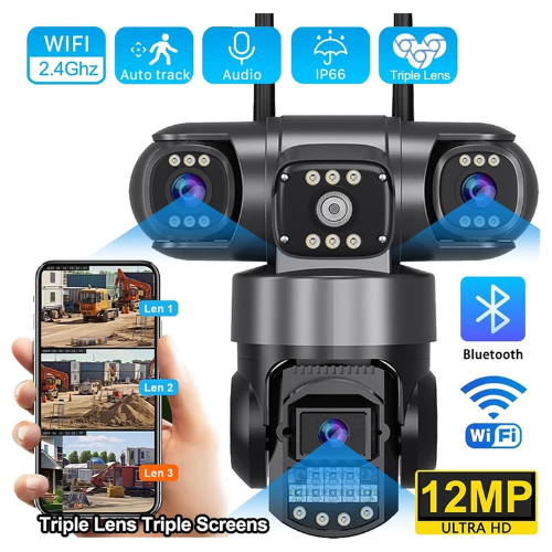 WiFi IP Camera Outdoor 12MP 6K Triple Lenses Triple Screens Security Video Monitor Night Vision Waterproof CCTV Cameras(A/U,Cam Add 32GB Card)