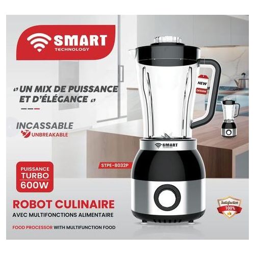 SMART TECHNOLOGY Blender Multifonctions -STPE-8032P- Avec Bol Incassable Resistant a L'eau/ Moteur En Cuivre Pur - 600 W- 1.8 L