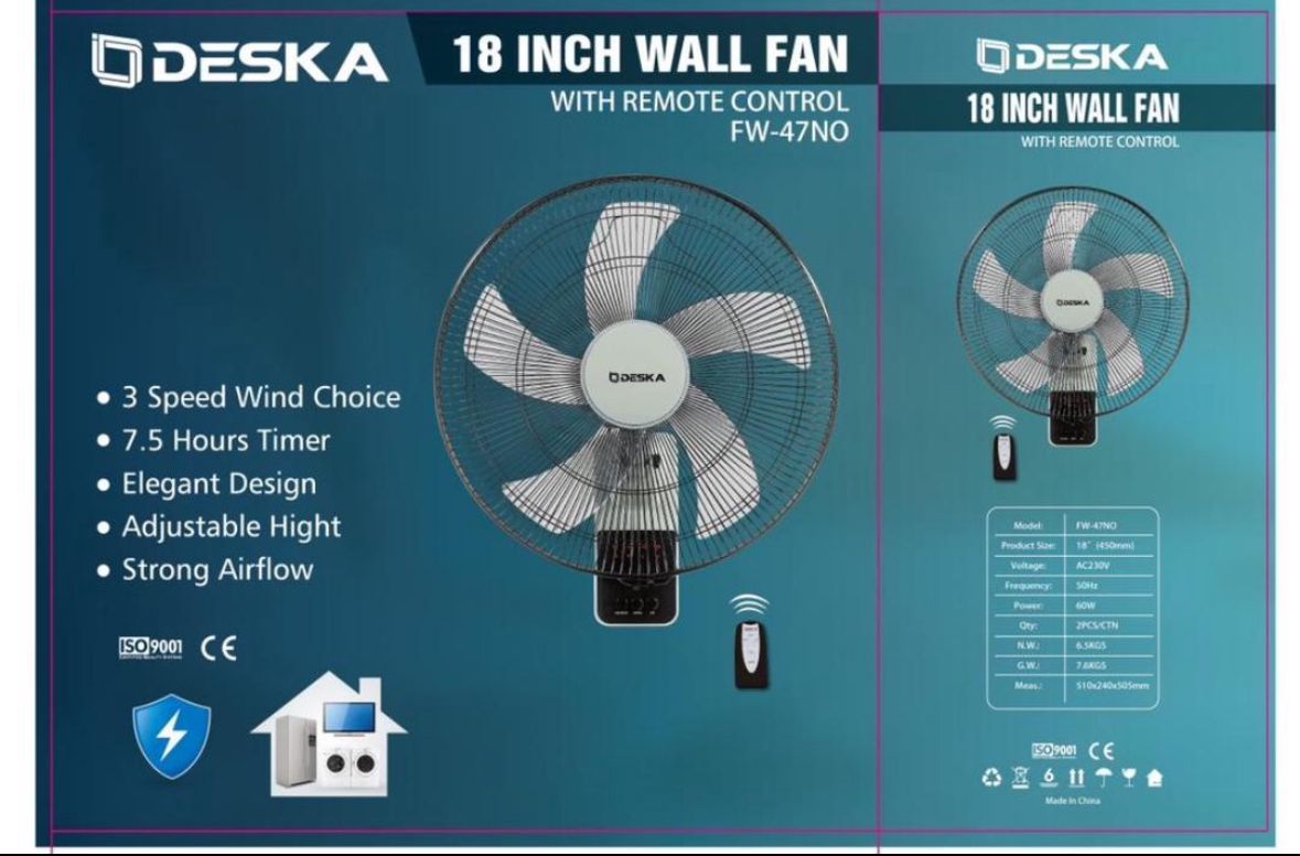 Deska Ventilateur mural 18 pouces avec télécommande (Modèle FW-47NO)